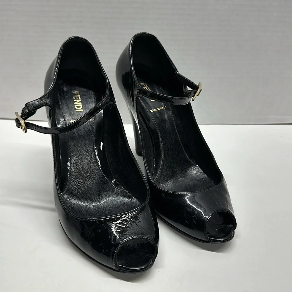 Fendi Wedges High Heel Shoes Shiny Patent Leather Peep Toe Black Size 38 US 8